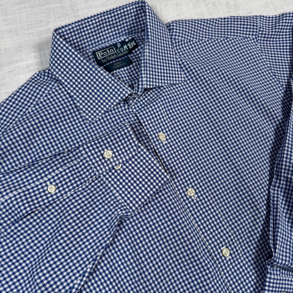 Polo Ralph Lauren Button Down 17.5 32/33 Blue Gingham Preppy Regent Classic Fit